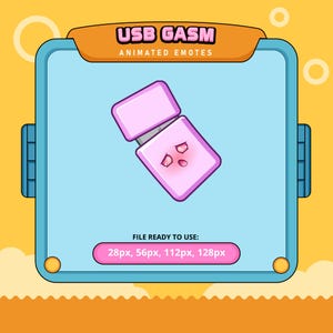 May include: A pink USB drive with a cartoon face that is blushing and has tears coming from its eyes. The text "USB GASM ANIMATED EMOTES" is at the top of the image. The text "FILE READY TO USE: 28px, 56px, 112px, 128px" is at the bottom of the image.