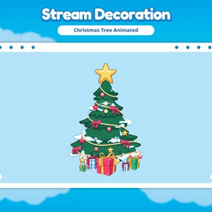 Könnte beinhalten: Animierte Weihnachtsbaum-Dekoration mit einem grünen Baum, roten und weißen Schleifen, einem goldenen Stern und Geschenken. Der Text "Christmas Tree Animated" wird über dem Baum angezeigt.