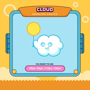 May include: A cartoon cloud with a happy face holding a yellow balloon. The cloud is white with blue outlines. The text "CLOUD ANIMATED EMOTES" is above the cloud. The text "FILE READY TO USE: 28px, 56px, 112px, 128px" is below the cloud.