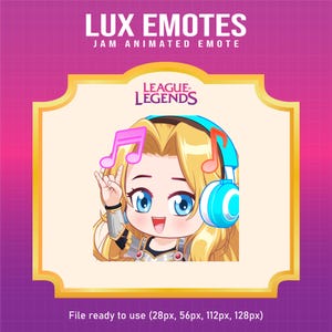 May include: Digital graphic of a cartoon character with blonde hair, blue eyes, and headphones. The character is making a hand gesture with musical notes floating near their head. The image includes the text "LUX EMOTES" and "LEAGUE LEGENDS".