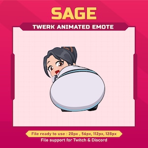 May include: An animated emote featuring a cartoon character with dark hair and a white outfit, in a twerking pose. The word "SAGE" is at the top, with "TWERK ANIMATED EMOTE" below. The image is designed for use on Twitch and Discord.