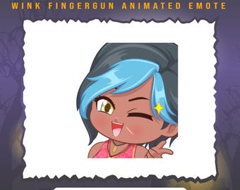 Op de afbeelding: Geanimeerde Twitch- en Discord-emote met een cartoonfiguur met blauw haar en bruine huid die knipoogt met een vingerpistool. Het personage draagt een roze tanktop en een gouden ketting.
