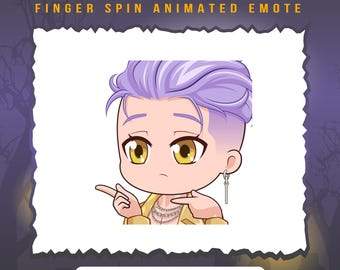 May include: Animated emote of a cartoon character with purple hair, wearing a gold chain and earrings, making a finger spin gesture. The character has a serious expression and is looking to the left. The text "TRICKSTER" is at the top of the image and "FINGER SPIN ANIMATED EMOTE" is below it.