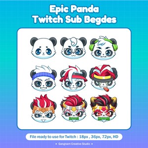 Peut inclure: Collection de neuf émoticônes de panda avec divers accessoires et expressions. Le texte "Epic Panda Twitch Sub Begdes" est en haut. Le texte en bas indique "File ready to use for Twitch: 18px, 36px, 72px, HD".