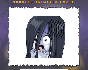May include: Animated emoji of a shocked Sadako from the movie "The Ring" with long black hair and a white dress. The emoji is in a cartoon style and has a surprised expression.