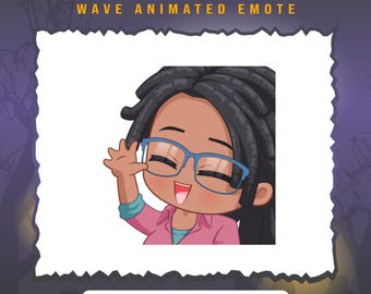 May include: An animated emote featuring a cartoon character with dark hair, blue glasses, and a pink shirt waving. The text "CLAUDETTE MOREL WAVE ANIMATED EMOTE" is displayed above the character. The image is ready to use at various sizes for Twitch and Discord.
