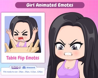 May include: Animated emote of a girl with black hair and a purple tank top flipping a table. The emote is available in four sizes: 28px, 56px, 112px, and 128px. The text "Table Flip Emotes" is below the image. The text "twitch" and "Discord" are below the text "Table Flip Emotes".