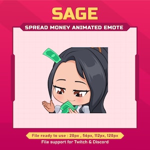 Peut inclure: Émoticône animée Twitch et Discord d'une femme de dessin animé aux longs cheveux noirs, portant une tenue blanche et verte, tenant de l'argent dans ses mains. L'émoticône est intitulée "SAGE" et dit "SPREAD MONEY ANIMATED EMOTE".