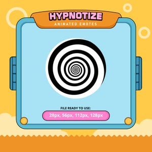 May include: A blue and white animated emote with a black and white hypnotic spiral design. The text "HYPNOTIZE ANIMATED EMOTES" is at the top of the emote. The text "FILE READY TO USE: 28px, 56px, 112px, 128px" is at the bottom of the emote.