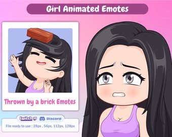 May include: Animated emote set featuring a girl with black hair and a purple tank top. The girl is shown with a brick on her head and a surprised expression. The text "Thrown by a brick Emotes" is below the image. The text "twitch" and "Discord" are below the text.