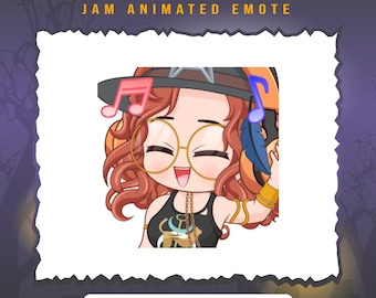 May include: Animated digital avatar of a woman with red hair wearing a hat, glasses, and a black tank top with a gold chain necklace. The avatar is smiling and holding a microphone. The text "MIKAELA REID" and "JAM ANIMATED EMOTE" is above the avatar. The text "File ready to use: 28px, 56px, 112px, 128px" and "File support for Twitch & Discord" is below the avatar.