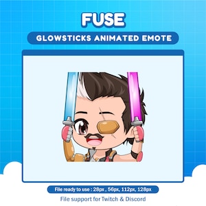 Könnte beinhalten: Animiertes Emoji mit einer Cartoon-Figur mit braunen Haaren, einem weißen Streifen, einem Schnurrbart und einem Augenklapp. Die Figur hält zwei leuchtende Leuchtstäbe, einen blauen und einen rosa.