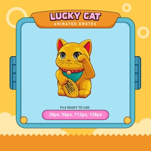 May include: A cartoon illustration of a golden lucky cat with a raised paw, holding a coin with Chinese characters. The cat has a blue collar with a red bell and large, black eyes. The background is a light blue square with a yellow border.