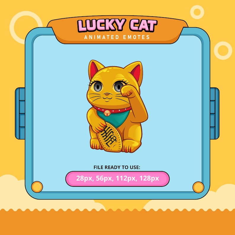 May include: A cartoon illustration of a golden lucky cat with a raised paw, holding a coin with Chinese characters. The cat has a blue collar with a red bell and large, black eyes. The background is a light blue square with a yellow border.