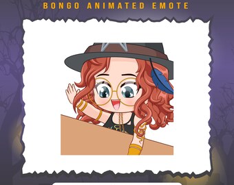 May include: Animated digital avatar emote of a woman with red hair wearing a brown hat with a star design, gold jewelry, and round glasses. She is looking to the right and waving with her right hand. The background is a purple gradient with a dark tree on the left side.