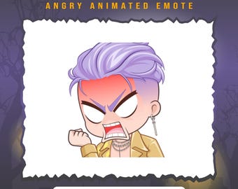 May include: An angry animated emote with the text "TRICKSTER" and "ANGRY ANIMATED EMOTE". The character has purple hair, a red face, and is wearing a gold jacket and silver chain. The image is ready to use in 28px, 56px, 112px, and 128px sizes, with file support for Twitch & Discord.