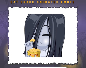 May include: Animated emoji of a girl with long black hair eating a bag of chips. The emoji is titled "Sadako Eat Snack Animated Emote".