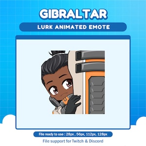 Puede incluir: Emoticono animado de Gibraltar de Apex Legends, un videojuego. Est&aacute; asom&aacute;ndose por una esquina, mirando hacia la derecha. Es un hombre de piel oscura con una coleta marr&oacute;n y lleva un mono blanco y naranja. El fondo es azul claro.