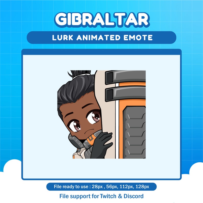 Puede incluir: Emoticono animado de Gibraltar de Apex Legends, un videojuego. Est&aacute; asom&aacute;ndose por una esquina, mirando hacia la derecha. Es un hombre de piel oscura con una coleta marr&oacute;n y lleva un mono blanco y naranja. El fondo es azul claro.