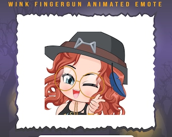 May include: Animated emoticon of a cartoon character with red hair, wearing a black hat with cat ears, round glasses, and a black tank top. The character is winking and pointing a finger gun.