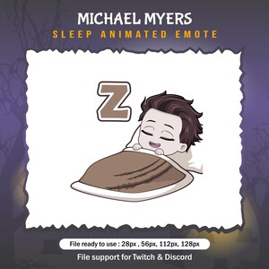 May include: Animated Twitch and Discord emote featuring a cartoon Michael Myers from the Halloween franchise sleeping in bed with a Z on the pillow. The emote is available in 28px, 56px, 112px, and 128px.