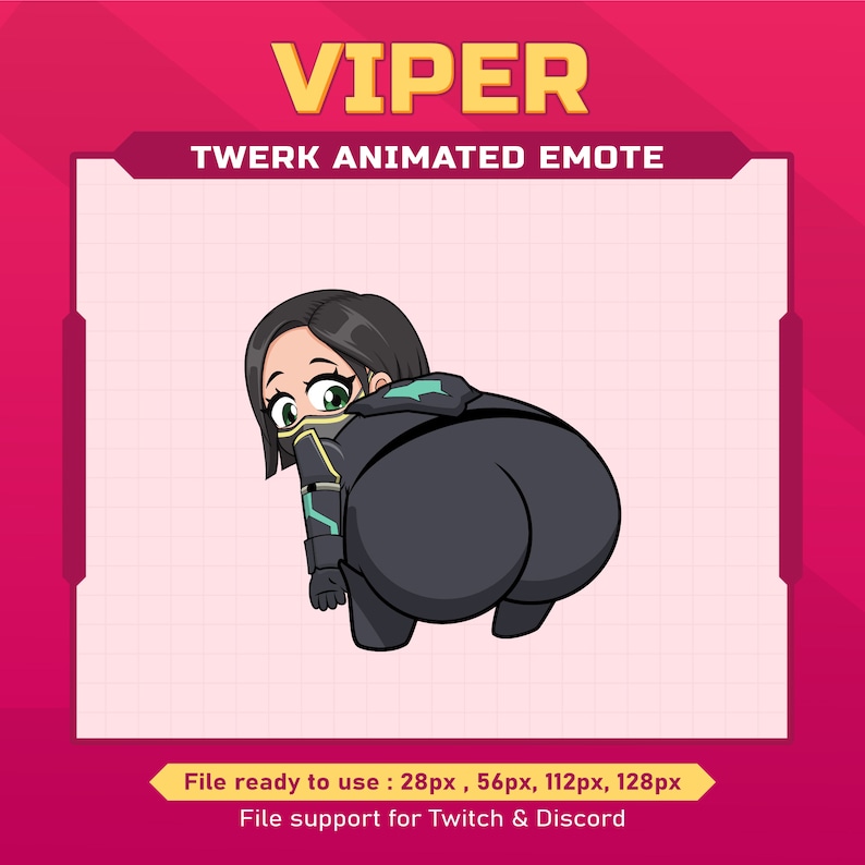Pode incluir: Emoticon animado de um personagem feminino com cabelo preto e uma roupa preta e verde, fazendo twerking. O personagem est&aacute; usando uma m&aacute;scara preta com detalhes verdes. O emoticon est&aacute; dispon&iacute;vel em quatro tamanhos: 28px, 56px, 112px e 128px. O emoticon &eacute; compat&iacute;vel com Twitch e Discord.