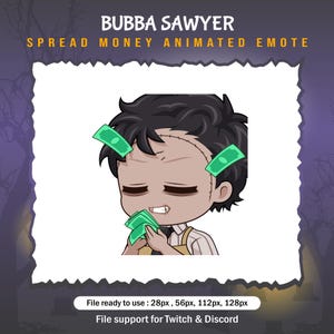 May include: Animated emoji of a cartoon character with stitched-up skin, green hair, and a stitched-up forehead, holding money in both hands. The character is wearing a yellow shirt with a white collar and a white and black striped apron. The text "BUBBA SAWYER" is at the top of the image and the text "SPREAD MONEY ANIMATED EMOTE" is below it.