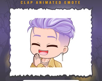 May include: Animated emoji of a cartoon character with purple hair, wearing a yellow jacket and a silver chain, clapping their hands together with a big smile.