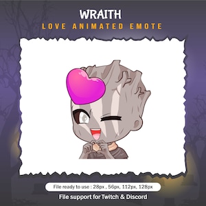 Puede incluir: Emoticono animado de un personaje de dibujos animados con piel gris y un corazón rosa sobre su cabeza. El personaje guiña un ojo y hace un corazón con sus manos. El texto "WRAITH LOVE ANIMATED EMOTE" está sobre el personaje.