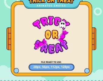 May include: Animated Halloween emote featuring the words "Trick or Treat" in a purple and orange candy-like font with a ghost and candy accents. The emote is available in four sizes: 28px, 56px, 112px, and 128px.