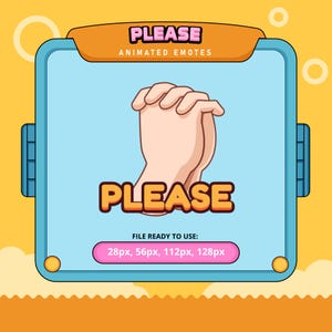 May include: Animated emoji of a pair of hands clasped together in a pleading gesture, with the word "PLEASE" written in orange below the hands. The emoji is set against a blue background with a yellow border and the text "PLEASE ANIMATED EMOTES" at the top.