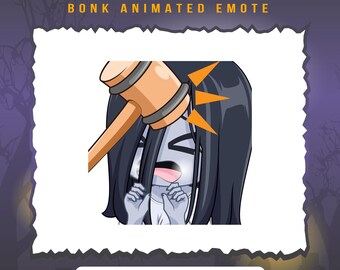 May include: Animated Twitch and Discord emote featuring a cartoon Sadako character from the horror movie "The Ring" being bonked on the head with a wooden mallet. The character has long black hair, a white dress, and a surprised expression.