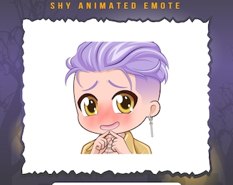 May include: Animated emoticon of a cartoon character with purple hair, blushing cheeks, and a shy expression. The character is looking down and has their hands clasped in front of them. The text "TRICKSTER SHY ANIMATED EMOTE" is above the character. The text "File ready to use: 28px, 56px, 112px, 128px" is below the character. The text "File support for Twitch & Discord" is below the previous text.