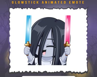 May include: Animated emoji featuring a cartoon character with long black hair, wearing a white dress, holding two glowing light sticks, one blue and one pink. The character has a wide smile and is sticking out its tongue. The text "SADAKO GLOWSTICK ANIMATED EMOTE" is at the top of the image. The text "File ready to use: 28px, 56px, 112px, 128px" is at the bottom of the image. The text "File support for Twitch & Discord" is at the bottom of the image.