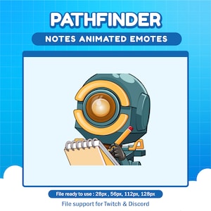 May include: Animated emoji of a robot with a blue and yellow head holding a yellow notepad and a pencil. The robot is writing in the notepad. The text "PATHFINDER NOTES ANIMATED EMOTES" is above the robot.
