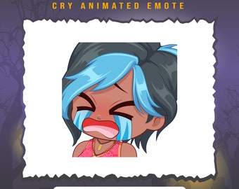 May include: Animated emoji of a woman with blue hair and brown skin crying. She is wearing a pink tank top with a gold necklace. The text "HADDIE KAUR CRY ANIMATED EMOTE" is above the image.