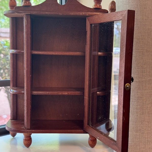 Vintage Miniature Wood Curio Cabinet – Freestanding Display Shelf with Glass Door