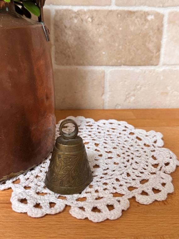 Vintage Etched Brass Bell with Floral Leaf Design | Antique Solid Brass Handbell