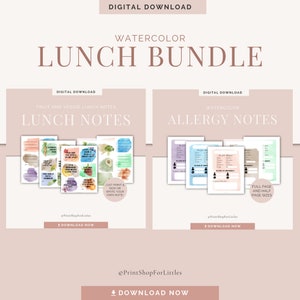 May include: Digital download of a watercolour lunch note bundle. The bundle includes fruit and veggie lunch notes with cute illustrations and allergy notes with space for important information. The notes are available in full page and half page sizes.