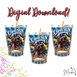 Pode incluir: Três etiquetas de embalagem de sumo Capri Sun com um design de camião monstro com chamas e bandeiras de xadrez. As etiquetas são azuis, vermelhas, pretas e amarelas. O texto nas etiquetas diz "Capri Sun All Natural" e "Agustin's 7th Birthday".