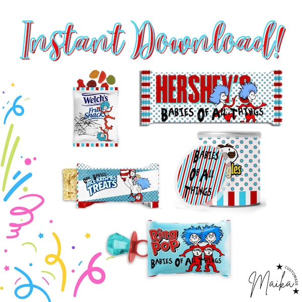Twin Dr. Suess Thing 1 Thing 2 Baby Shower Instant Digital Download Treat Bundle