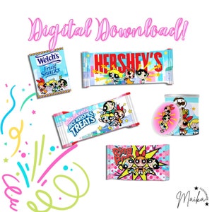 Power Puff Girl Treat Bundle Descarga digital Party Favor Hershey&#39;s Bar, Rice Krispies, Fruit Snack, Pringles Can y Ring Pop Labels