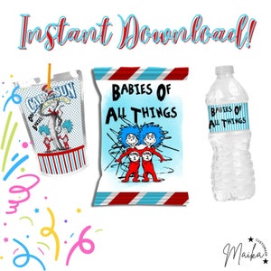 Dr, Suess Thing 1 Thing 2 Twin Baby Shower Party Favors Instant Digital Download Bundle