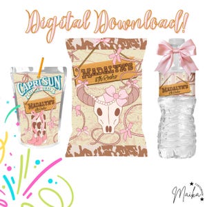 May include: Digital download featuring a Capri Sun juice pouch, a snack bag, and a water bottle, all with a rodeo theme. The designs include a cow skull, pink bows, and the text "Madalyn's 8th Rodeo."