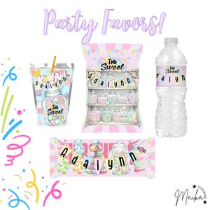 May include: A collection of party favors with a "Two Sweet" theme. Includes a drink pouch, a water bottle, and a candy display, all decorated with pastel colors and the name "Adalynn". A banner with the name "Adalynn" is also present.