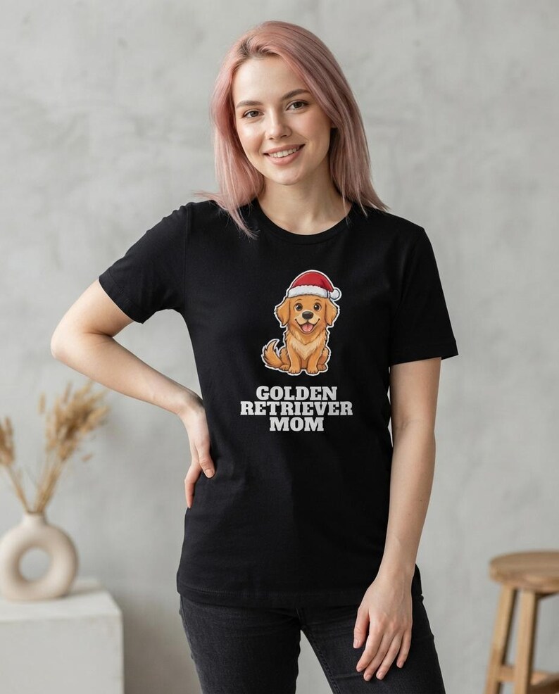 Golden Retriever Mom Christmas Shirt, Golden Santa Hat Tee, Golden Mom Gift, Xmas Top image 3