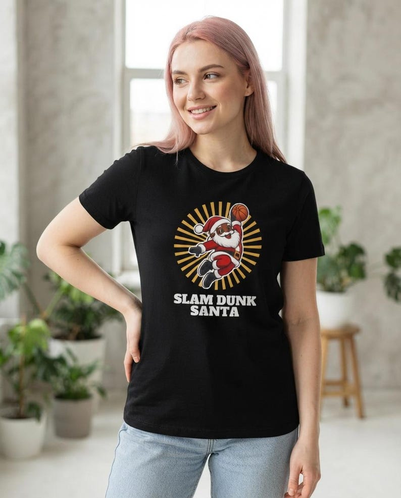 Slam Dunk Santa Christmas Shirt, Retro Basketball Santa Tee, Xmas Gift for Hoops Fans image 3
