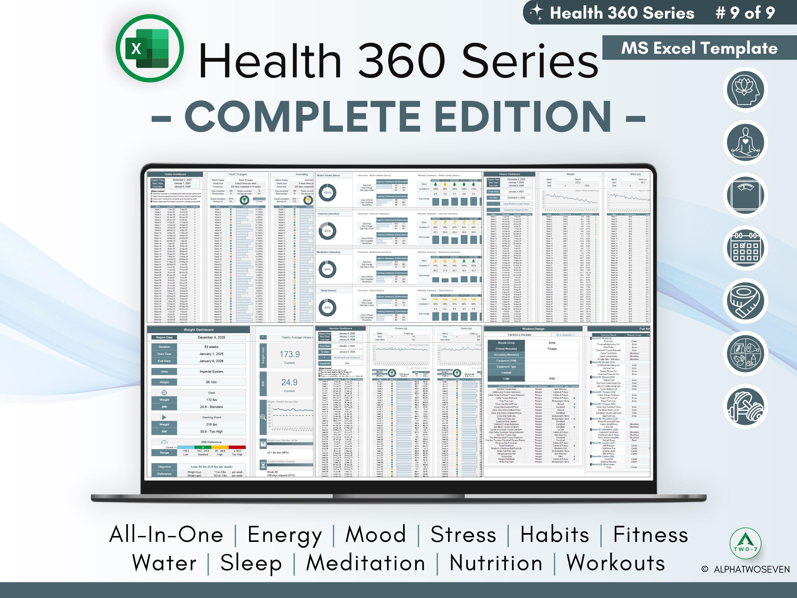 Health 360 Weekly Journal - Wellness, Wellbeing, Habits, Fitness, Nutrition, Workouts - Dashboards, Excel Spreadsheet, Customizable Template