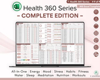 Health 360 Weekly Journal - Wellness, Wellbeing, Habits, Fitness, Nutrition, Workouts - Dashboards, Excel Spreadsheet, Customizable Template