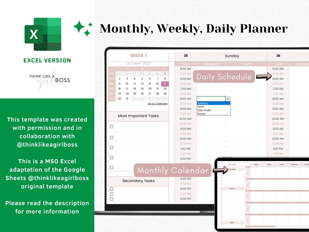 Excel to Do List, Undated Weekly Planner, Monthly Calendar, Daily